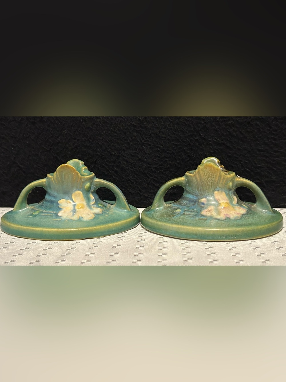 Roseville Pottery - Green Clematis Candle Stick Holders - Set of 2